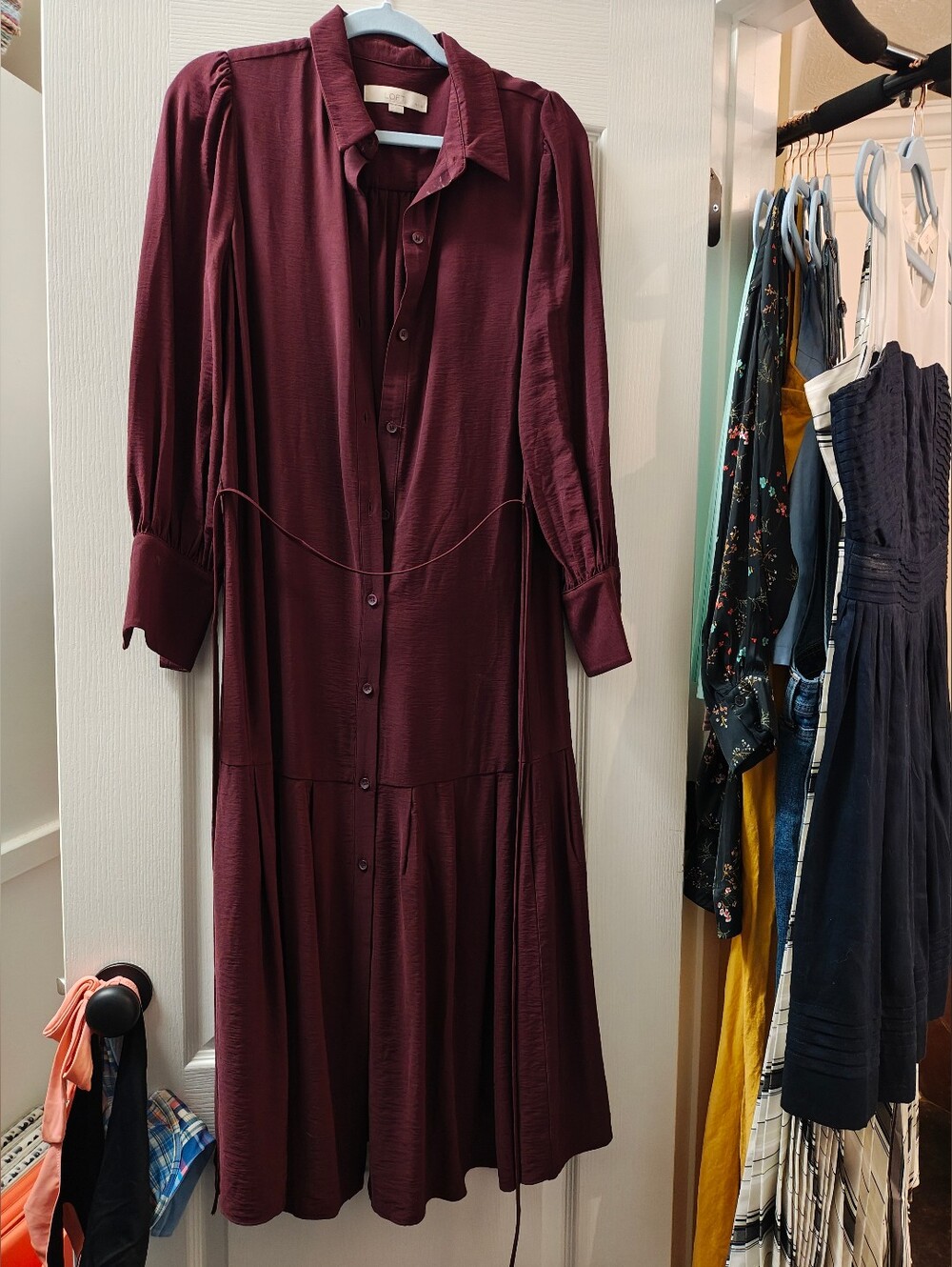 LOFT Long-Sleeve Button-Front Midi Dress in Burgundy NWOT